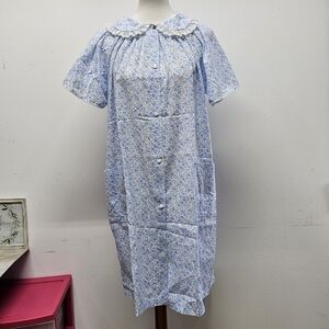 Vintage Kingly Blue Floral Snap Front House Dress Duster Size M Cottagecore Boho